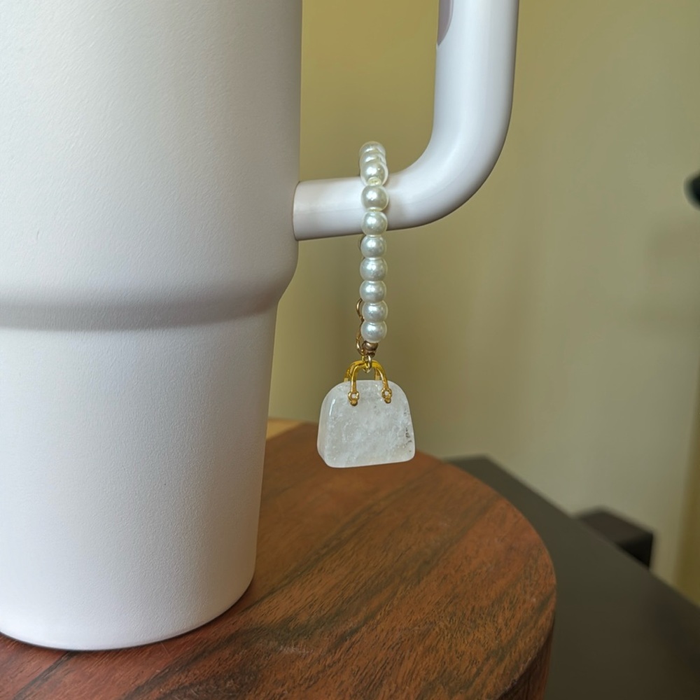 Clear Quartz & Faux Pearl Tumbler Charm - Picture 3 of 4